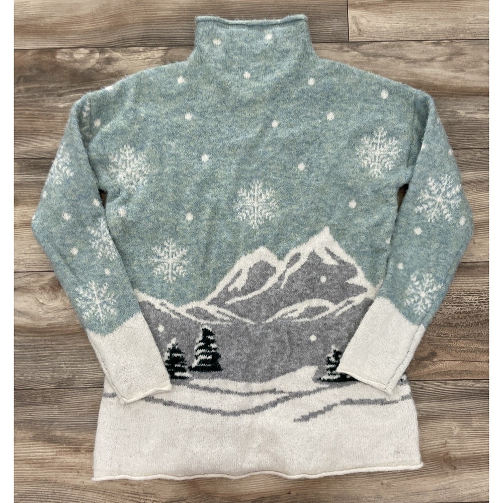 Cupcakes and Cashmere Blue Snow Pattern Mock Neck Knit Sweater Women Size M